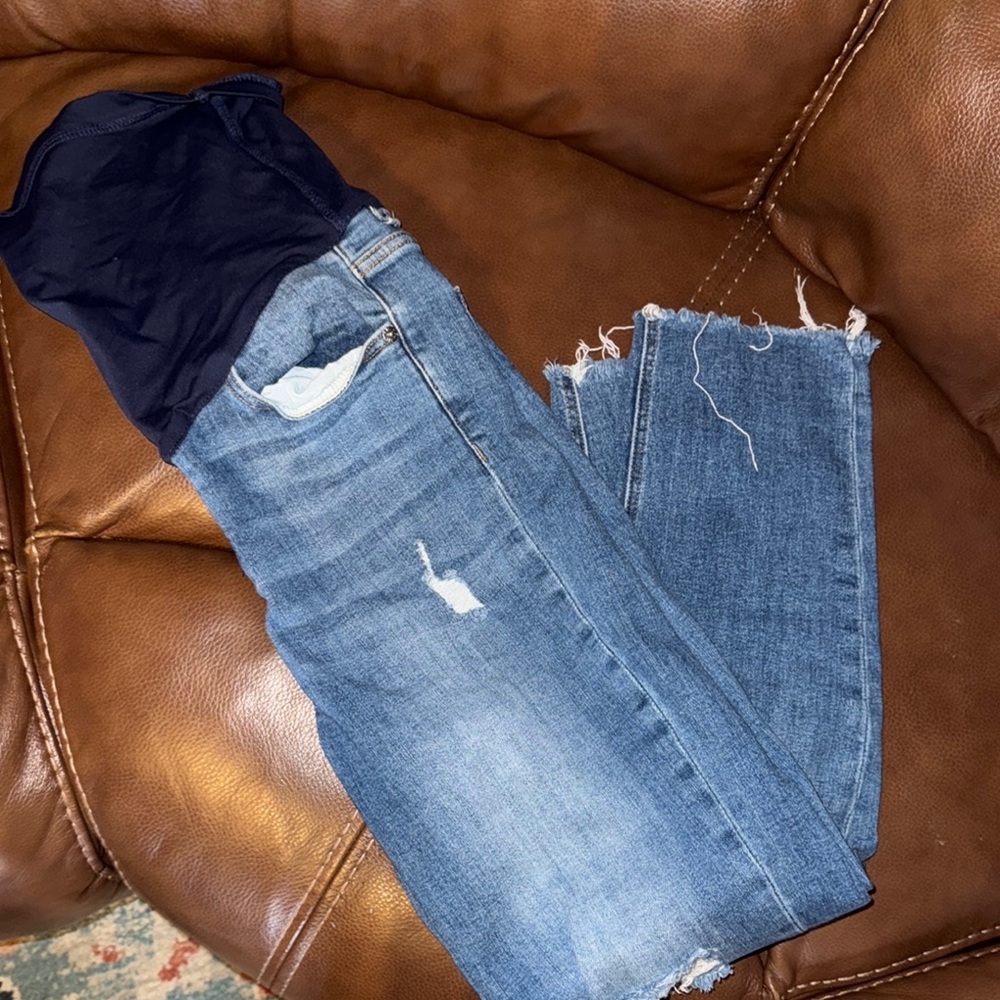 Pinkblush Blue Ankle Cropped Maternity Jeans with Distressing size 29